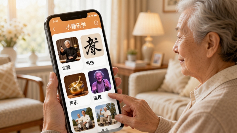 小糖乐学App课程列表页面展示,手机屏幕中排列着太极、书法、声乐等课程封面图,背景温馨明亮,中老年用户正在浏览界面