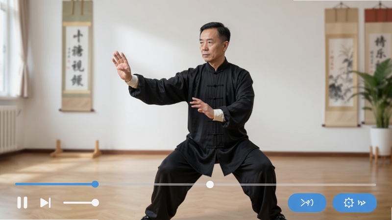 小糖乐学App名师教学视频播放界面,一位太极老师正在演示动作,画面清晰流畅,屏幕下方有播放进度条和功能按钮