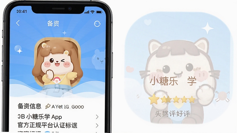小糖乐学App官方正规平台认证标识展示,手机界面显示备案信息和用户好评,背景简洁干净