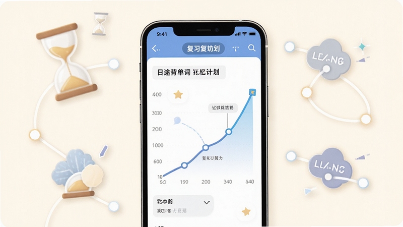 日途背单词智能记忆曲线功能展示图,画面中央为手机屏幕显示复习计划图表,曲线呈上升趋势,背景为柔和米白色,点缀时间沙漏和记忆节点图标,突出科学复习概念