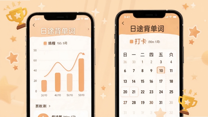 日途背单词学习数据统计页面图,手机屏幕展示柱状图和打卡日历,背景为淡橙色温暖色调,点缀奖杯和星星图标,突出学习成就感