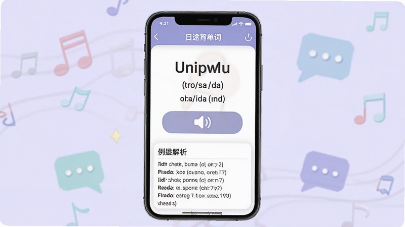 日途背单词单词详情页展示图,手机屏幕显示单词拼写、音标、发音按钮和例句解析,背景为浅紫色渐变,点缀音符和对话框图标,突出发音与语境学习功能