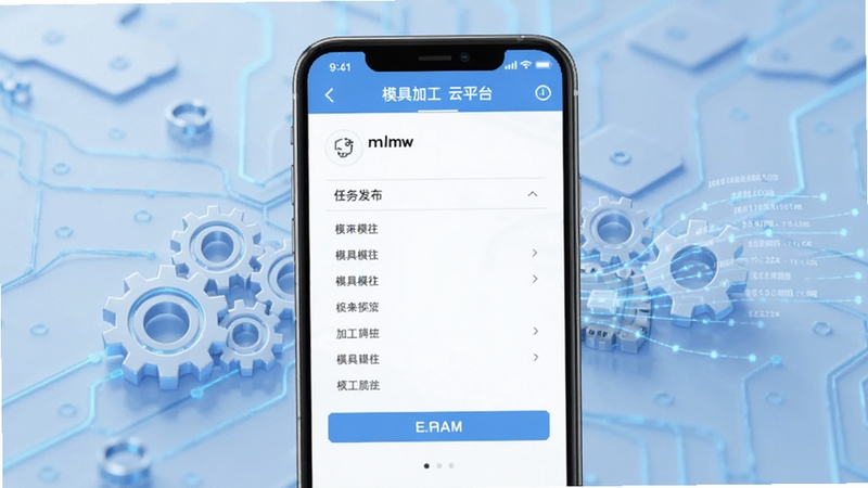 模来模往mlmw 加工需求发布页面预览图,手机界面展示任务发布表单,背景为淡蓝色科技纹理,画面中有齿轮与数据流元素,突出模具加工云平台概念