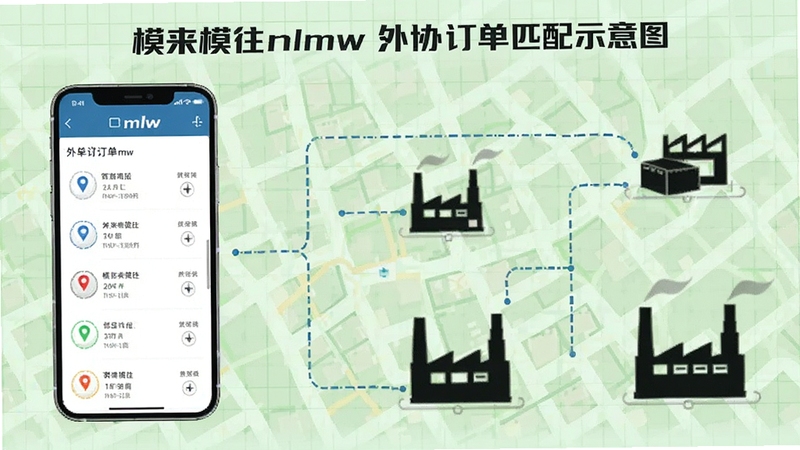 模来模往mlmw 外协订单匹配示意图,手机屏幕显示订单列表与地图定位标记,背景为浅绿色网格,画面包含连接线与工厂剪影,体现智能匹配与资源对接