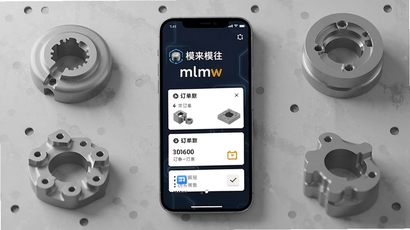 模来模往mlmw 应用主界面展示,手机屏幕居中放置,背景为浅灰色工业风,画面包含模具零件与加工订单卡片元素,整体科技感简洁,适合Boogu模型生成