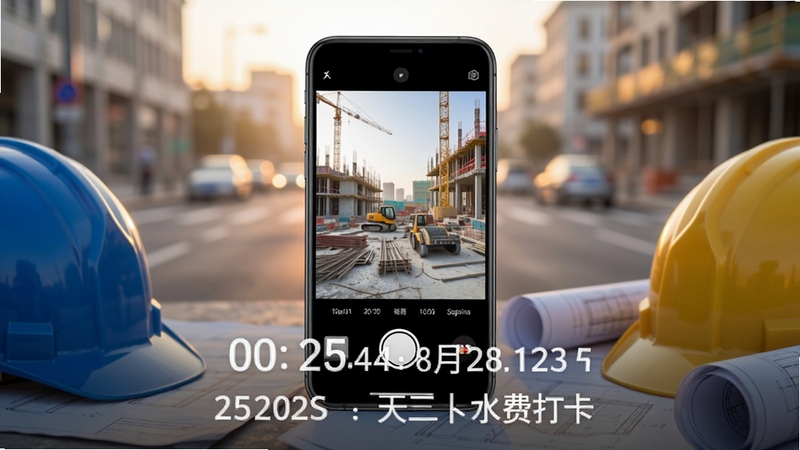画面中央展示一部智能手机,屏幕上运行着水印打卡免费相机应用界面,取景框内可见建筑工地背景,画面下方叠加了醒目的时间日期与地点水印文字。手机两侧散落着安全帽与图纸,背景为虚化的城市清晨街道,光线柔和明亮,整体呈现专业记录工具的视觉风格。