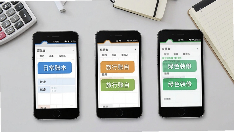 家庭记账多账本管理界面示意图,画面中展示三部手机并排,每部手机屏幕显示不同颜色的账本标签,分别为蓝色日常账本、橙色旅行账本、绿色装修账本,背景为浅灰色桌面,旁边散落计算器和记事本,整体色调清新专业