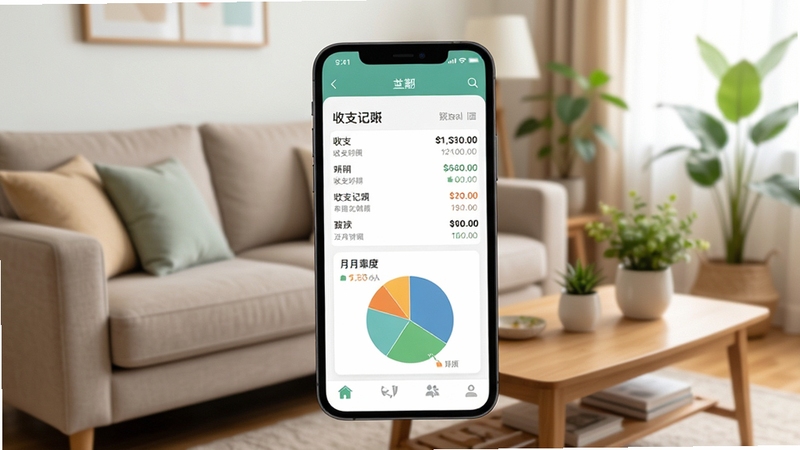 家庭记账app主界面展示,画面中央是手机屏幕,屏幕内显示清晰的收支明细列表与月度饼图,背景为温馨家庭客厅场景,沙发、茶几、绿植点缀,光线柔和明亮,整体风格简洁现代,突出家庭记账核心功能
