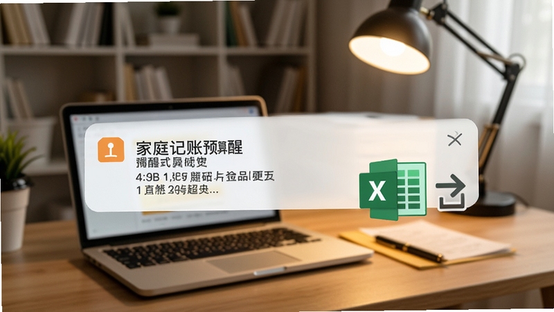 家庭记账预算提醒与导出功能界面,画面展示手机弹出预算超支提醒通知,通知内容清晰可见,旁边有Excel文件图标和导出箭头,背景为家庭书房场景,桌上有笔记本电脑和台灯,整体氛围温馨实用