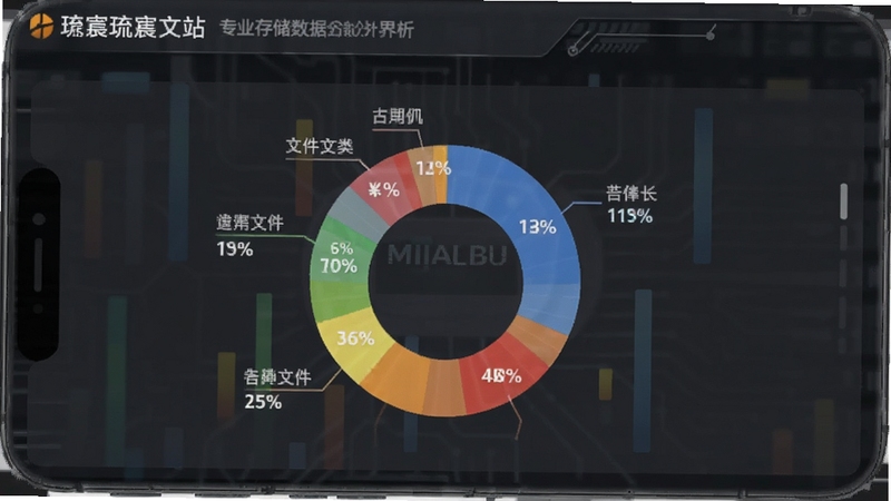 琉宸文件站 存储空间分析界面,手机屏幕中央显示彩色环形图表,标注各类文件占用比例,背景为深灰色科技风格区域,突出数据分析的专业感与直观性