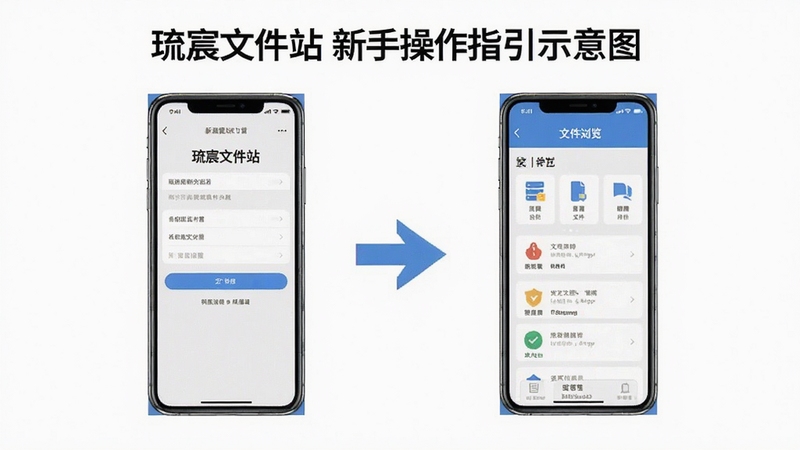 琉宸文件站 新手操作指引示意图,画面展示手机屏幕中权限设置界面与文件浏览界面对比,背景为简洁白色区域,突出操作步骤的清晰易懂