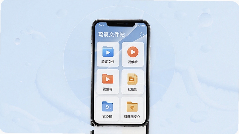 琉宸文件站 智能分类浏览功能展示,画面中央为手机屏幕显示文件分类卡片,图片视频文档等图标排列整齐,背景为柔和浅色区域,突出分类清晰直观的视觉效果