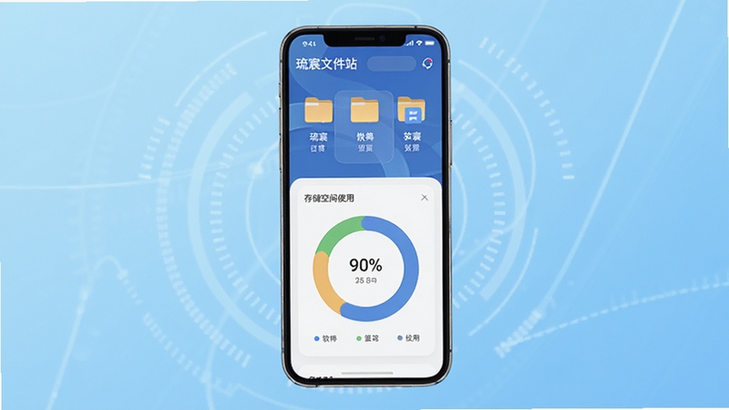 琉宸文件站 软件主界面全貌展示,手机屏幕居中放置于画面中央,背景为浅蓝色渐变科技感区域,界面中清晰呈现文件分类图标与存储空间使用环形图,整体风格简洁清爽,适配Boogu模型生成