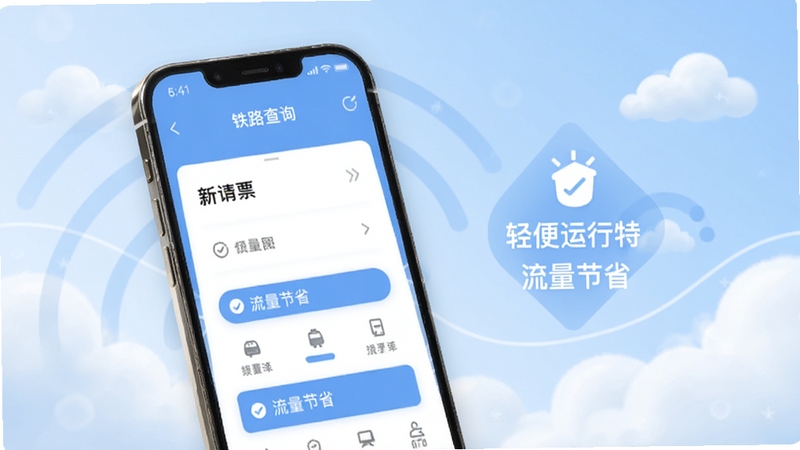 铁路火车票查轻量运行特性展示图,画面为手机屏幕显示简洁查询界面与流量节省标识,背景区域为轻盈的云朵与信号波纹图案,色调以淡蓝与白色为主,传达轻便省流量的产品印象,适配Boogu模型生成