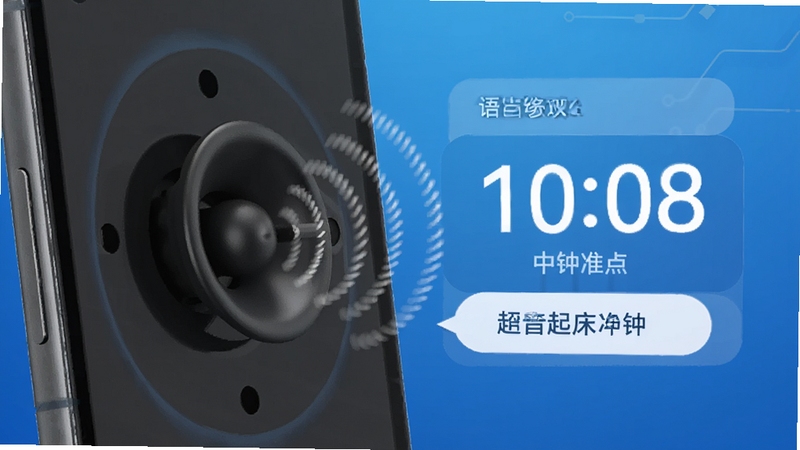 起床闹钟准点报语音播报功能特写,手机扬声器图标发出声波纹理,旁边显示时间数字和文字备注气泡,背景为简约的蓝色渐变科技风格
