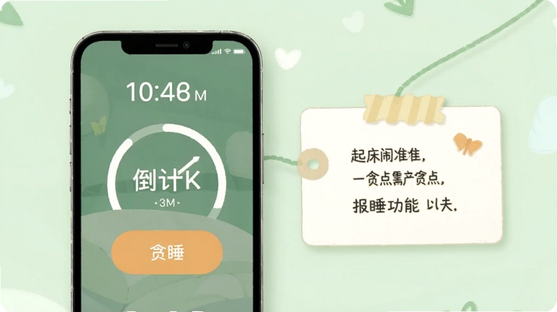起床闹钟准点报贪睡功能示意图,手机屏幕上显示贪睡按钮和倒计时圆圈,旁边有标签备注卡片,背景为柔和的浅绿色调