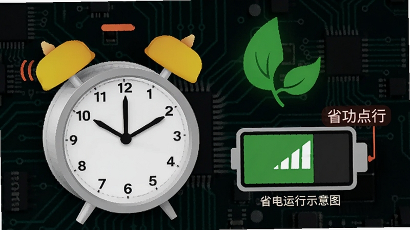 起床闹钟准点报省电运行示意图,手机电池图标旁显示低功耗标识,背景为电路板纹理与绿色节能符号