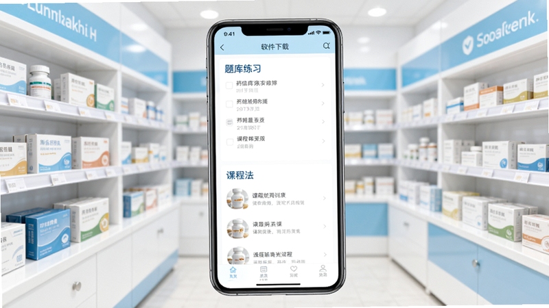 画面中心位置展示一部智能手机,屏幕上显示药信店员版应用主界面,包含题库练习和课程列表模块。背景区域为明亮的药店货架场景,货架上整齐摆放各类药品盒,色调以白色和浅蓝为主,整体风格干净专业,适合软件下载站展示。