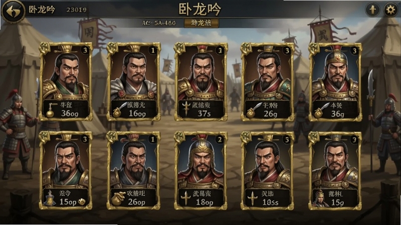 卧龙吟游戏中武将招募界面场景,画面展示多位三国名将卡牌排列,卡牌带有金色边框与属性数值,背景为古代军营帐篷,整体风格写实厚重