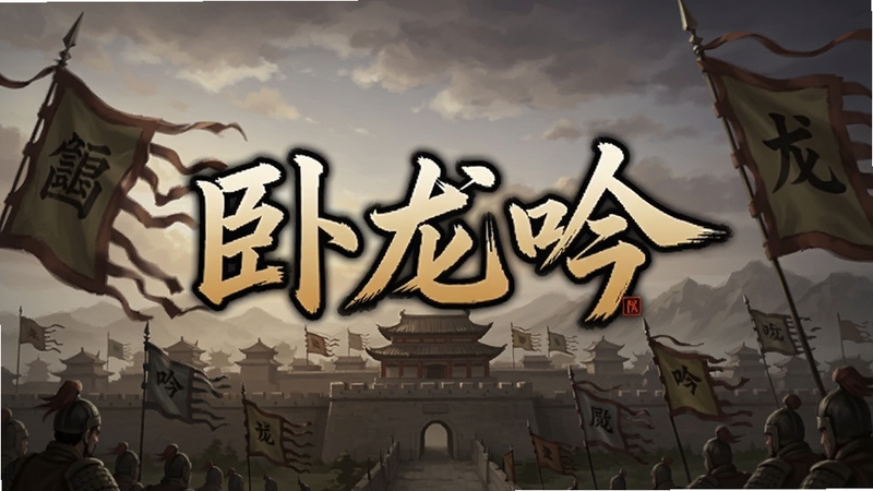 一款以三国为背景的策略手游主视觉图,画面中央是卧龙吟游戏标题,背景为古代城池与战旗,整体色调厚重沉稳,适配Boogu模型生成