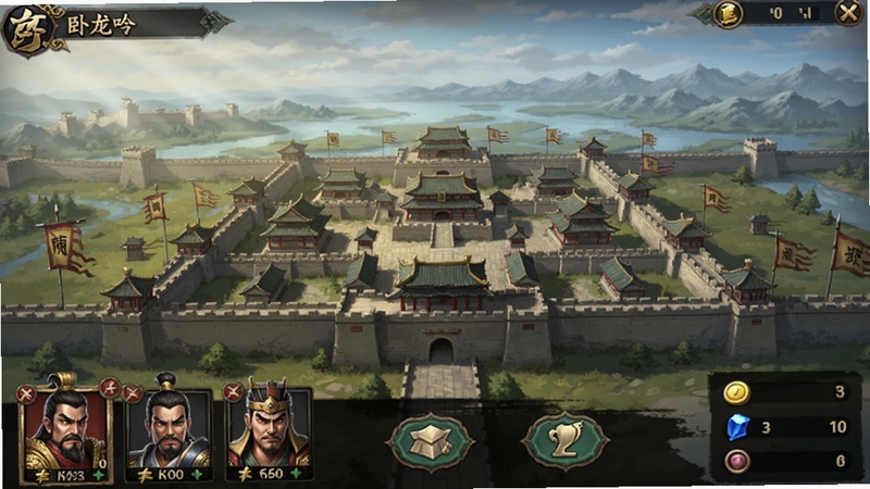 卧龙吟游戏主界面预览图,画面展示古代城池全景与功能按钮布局,有武将头像与资源栏,色调古朴,适合作为下载页展示图