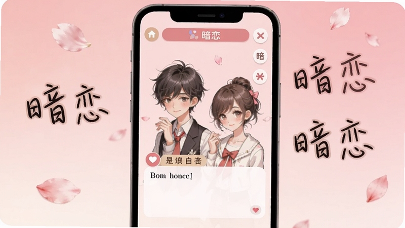 一款名为暗恋的恋爱模拟游戏主界面,画面中央是柔和的粉色渐变背景,前景放置一部智能手机展示游戏角色立绘与对话框,周围点缀飘落的樱花花瓣与手写体暗恋字样,整体色调温暖治愈,适合Boogu模型生成