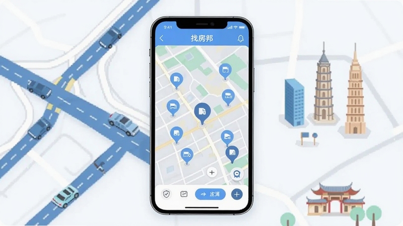 �ҷ����ͼ�ҷ����ܽ��棬��������Ϊ�ֻ���Ļ��չʾ�ĳ��е�ͼ�뷿Դ������ǣ�����Ϊ���н�ͨ·����ر꽨����ͼ��ɫ����ˬ���죬ͻ���ҷ���Ӧ�õĵ�ͼ�����뷿Դ��λ���ܣ�����ִ���࣬����Booguģ������