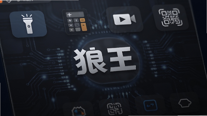 狼王软件快捷功能面板特写,展示手电筒、计算器、录屏、扫码等图标整齐排列,背景为深色科技风格,画面中央突出狼王Logo,光影柔和,细节清晰