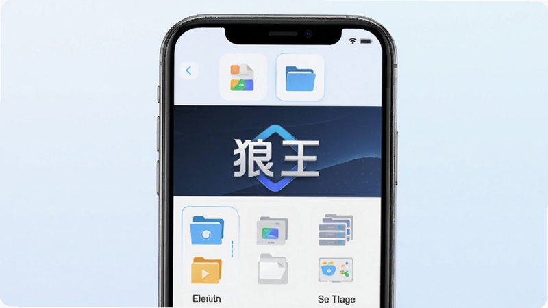 狼王软件智能资源管理界面展示,手机屏幕中显示分类整齐的文件图标,背景为简洁的浅色渐变,画面中心为软件主界面,突出狼王名称与分类标签,整体风格清新科技感
