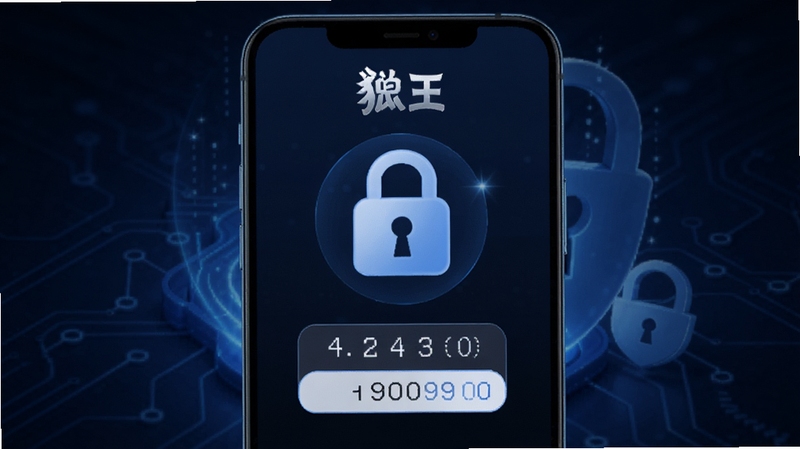 狼王软件隐私空间加密功能示意图,画面中手机屏幕显示锁形图标与密码输入框,背景为深蓝色安全主题,狼王标识位于顶部,整体氛围安全可靠