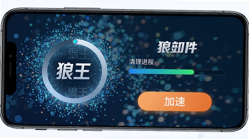 狼王软件一键加速功能界面,手机屏幕显示加速圆环与清理进度条,背景为动态粒子效果,突出狼王名称与加速按钮,整体风格动感清爽
