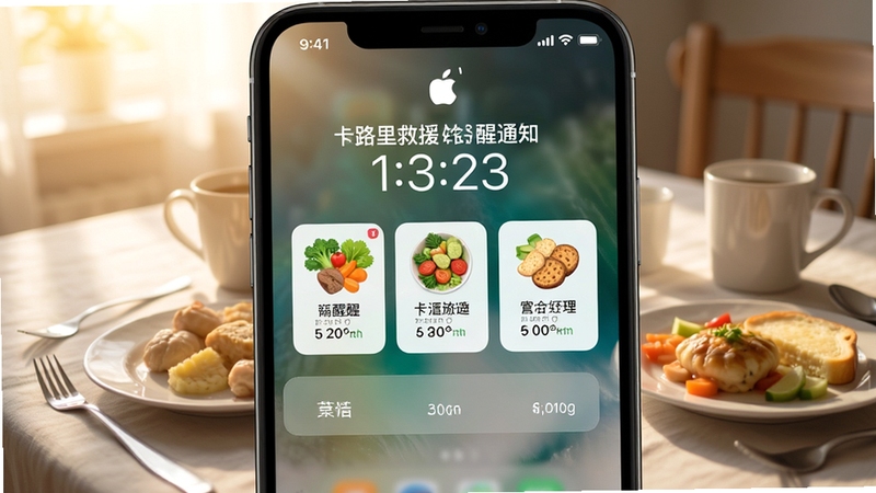 卡路里救援饮食记录提醒通知,手机锁屏界面显示三餐提醒卡片,背景为清晨餐桌与早餐,柔和晨光,生活记录风格