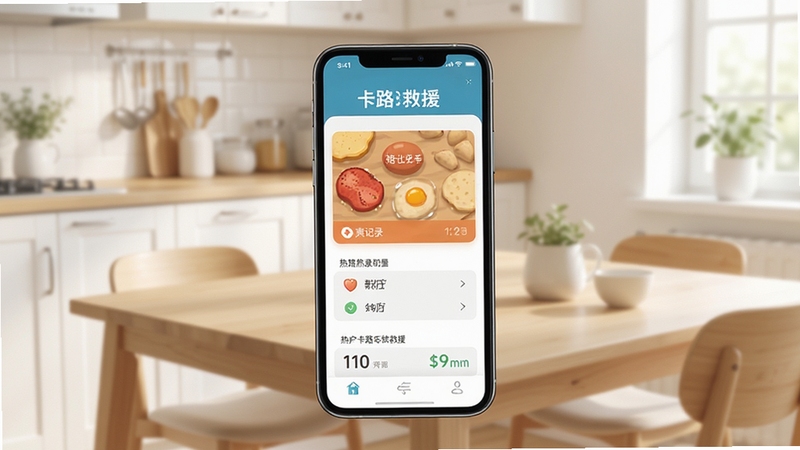 卡路里救援软件主界面全貌展示,画面中央为手机屏幕显示热量记录面板,背景为明亮简约的厨房餐桌场景,柔和自然光线,扁平化设计风格,高清细节