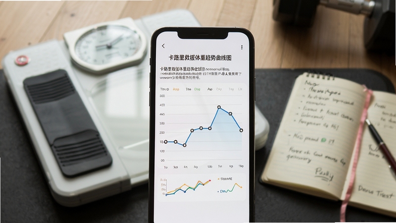 卡路里救援体重趋势曲线图,手机屏幕显示折线图与数据点,背景为健身房体重秤与记事本,柔和室内光线,简洁数据可视化风格