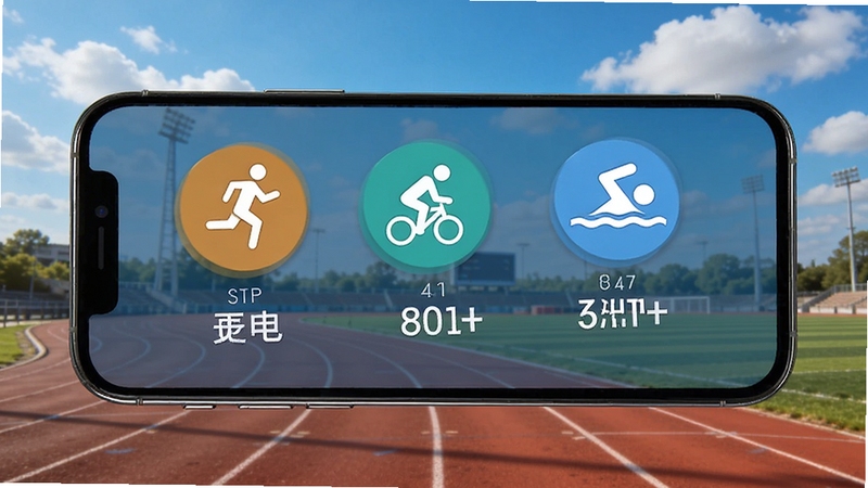 卡路里救援运动消耗换算界面,手机屏幕展示跑步、骑行、游泳等运动图标及对应消耗数值,背景为户外运动场跑道,蓝天白云,动感活力风格