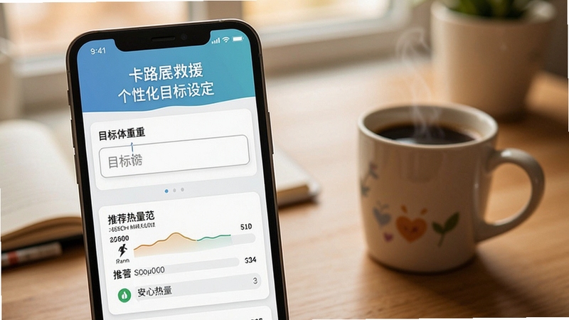 卡路里救援个性化目标设定页面,手机屏幕显示目标体重输入框与推荐热量范围,背景为书桌与咖啡杯,温馨居家氛围,清爽界面设计