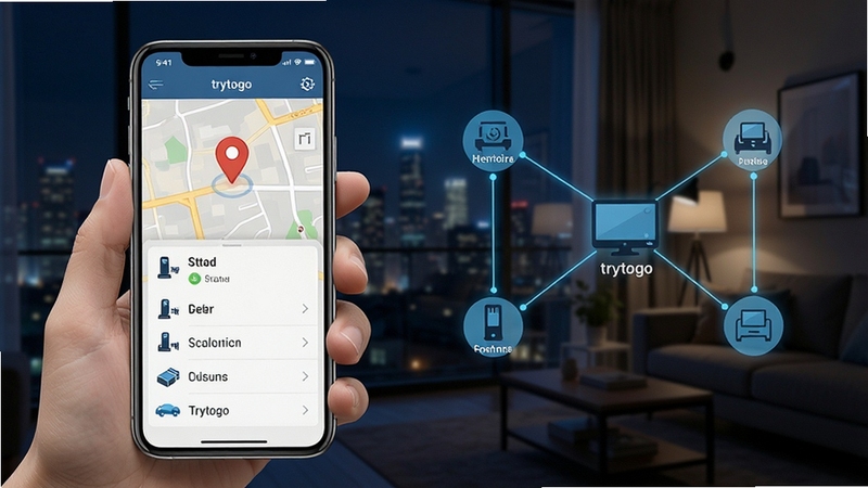 trytogo 远程控制功能展示,手机屏幕显示远程控制界面,地图定位图标与设备状态列表,背景为城市夜景与家庭网络连接示意图