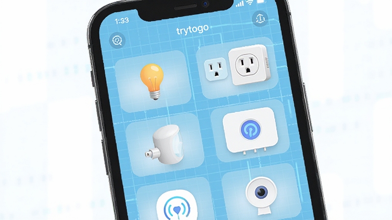 trytogo 多设备管理界面,手机屏幕中显示多个智能设备图标排列整齐,包括灯泡、插座、传感器等,背景为浅蓝色科技网格,画面简洁明快