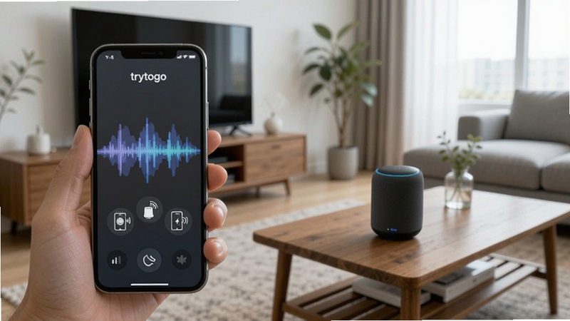 trytogo 语音控制场景,用户对着手机说话,手机屏幕显示语音波纹与设备响应图标,背景为现代客厅,智能音箱放置在桌面上