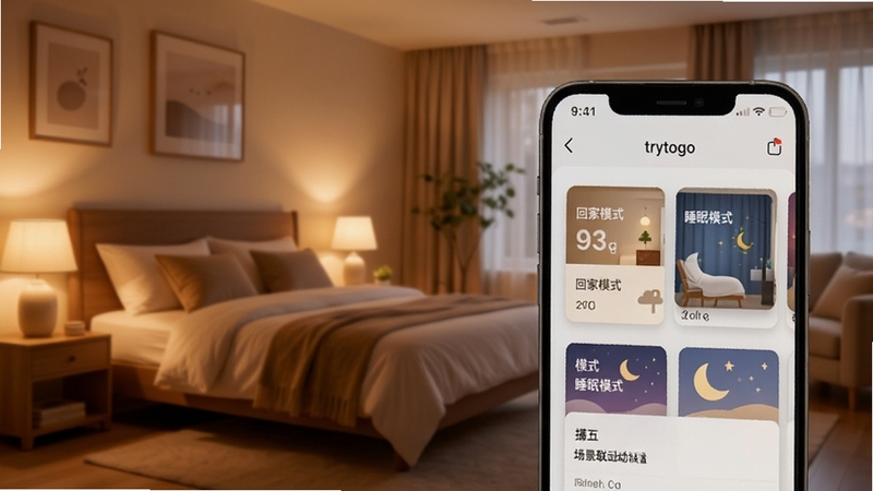 trytogo 场景联动设置页面,画面展示手机屏幕上的场景卡片,如回家模式、睡眠模式,背景为温馨卧室与客厅过渡场景,光线柔和