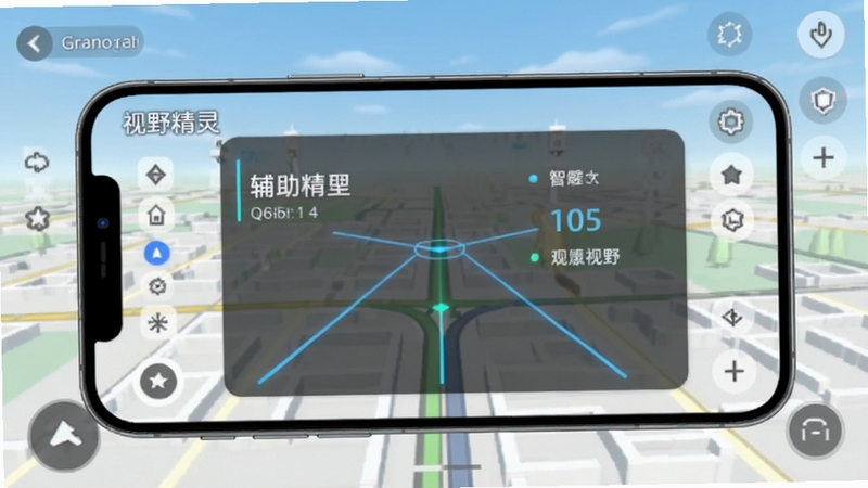 视野精灵智能视野辅助功能界面截图,手机屏幕显示辅助信息叠加层,背景为虚拟地图场景,画面风格简洁科技感,突出视野精灵软件名称与辅助线条标识