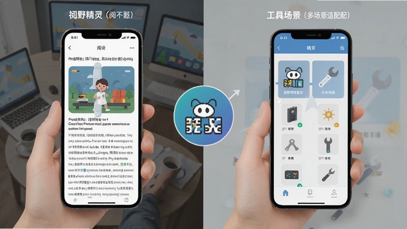 视野精灵多场景适配展示图,画面分为左右两部分,左侧为手机在阅读场景下的界面,右侧为手机在工具场景下的界面,中间以视野精灵图标连接,整体风格扁平化设计