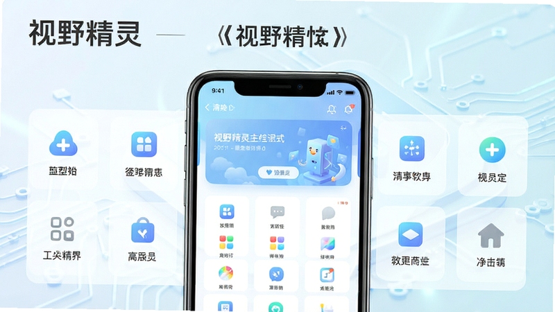 视野精灵软件主界面全貌展示,画面中央为手机屏幕内运行的应用界面,背景为浅色渐变科技风格,突出软件名称视野精灵与简洁的功能图标布局,整体色调清爽明亮