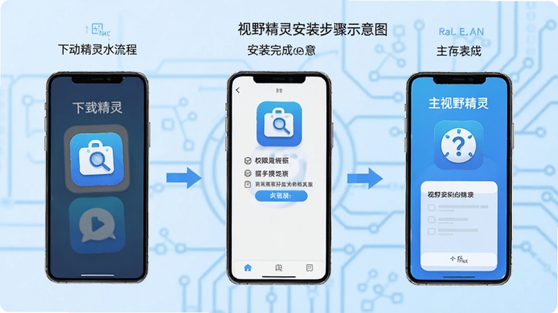 视野精灵安装步骤示意图,画面展示手机从下载到安装完成的流程,包含权限授予界面与主界面,视野精灵图标醒目,背景为浅蓝色科技风格