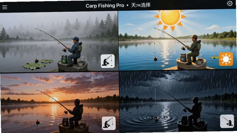 Carp Fishing Pro ����ѡ��������ͼ�������Ϊ�ĸ񣬷ֱ�չʾ�峿�������������ա��ƻ���ϼ����ҹ�������ֲ�ͬ�����µ�ͬһ���㳡����ÿ�����½��ж�Ӧ��Сͼ�꣬�����Ű����࣬��Ϣֱ��