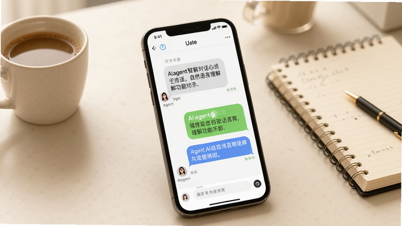 AIagent智能对话 自然语言理解功能展示图,画面中心是手机屏幕,屏幕内显示用户输入的一段文字与AIagent智能对话的流畅回复气泡,背景为浅色办公桌面,有咖啡杯与笔记本点缀,风格温馨实用