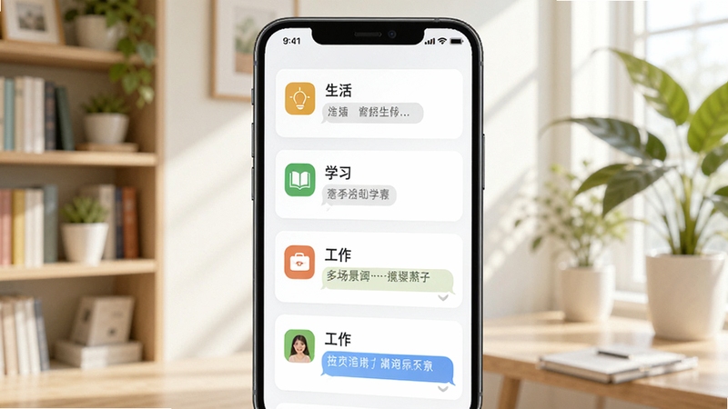 AIagent智能对话 多场景问答功能示意图,画面中手机屏幕显示多个问答对话卡片,分别标注生活、学习、工作等图标,背景是明亮的室内环境,有书架和绿植,整体色调清新自然