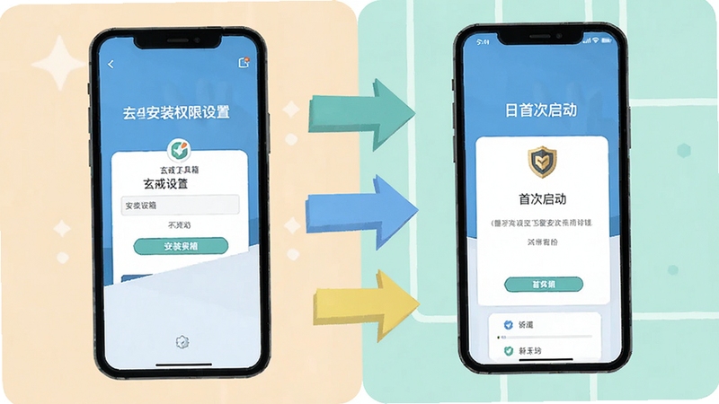 玄戒工具箱 新手安装步骤示意图 手机屏幕展示安装权限设置和首次启动界面 画面中有清晰的步骤箭头指引 风格扁平化 配色清新 适合新手参考
