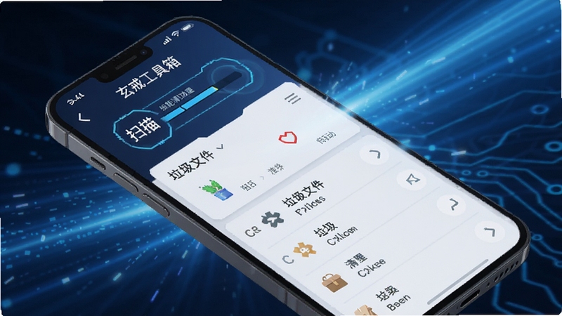 玄戒工具箱 智能清理功能界面 手机屏幕显示扫描进度条和垃圾文件分类列表 背景有清洁光束效果 科技蓝色调 突出清理加速概念 画面简洁现代
