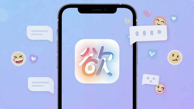 欲言ing应用主界面展示,一个简约清新的手机屏幕,屏幕中央是欲言ing的彩色渐变logo,背景是柔和的蓝紫色调,周围环绕着聊天气泡和心情图标,画面风格扁平化设计,适合社交软件宣传图,4k高清